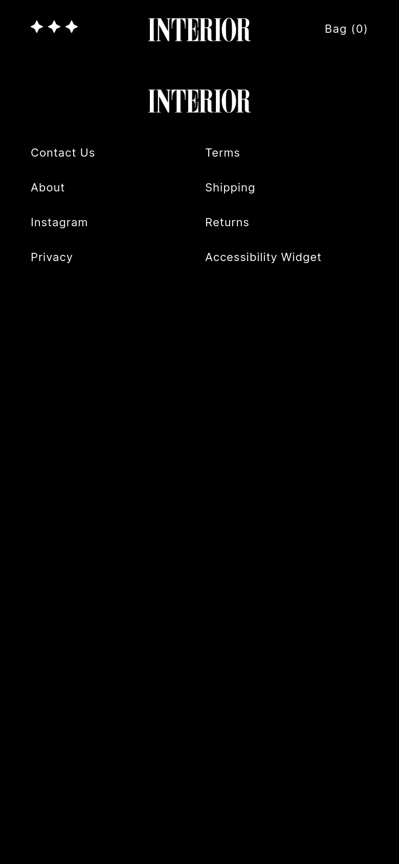The mobile version presents a simplified vertical layout on a black background. The 'INTERIOR' logo is prominently centered at the top, flanked by three white star icons on the left and 'Bag (0)' on the right. Below, the navigation links are stacked vertically in two columns, maintaining the minimalist white-on-black aesthetic.
