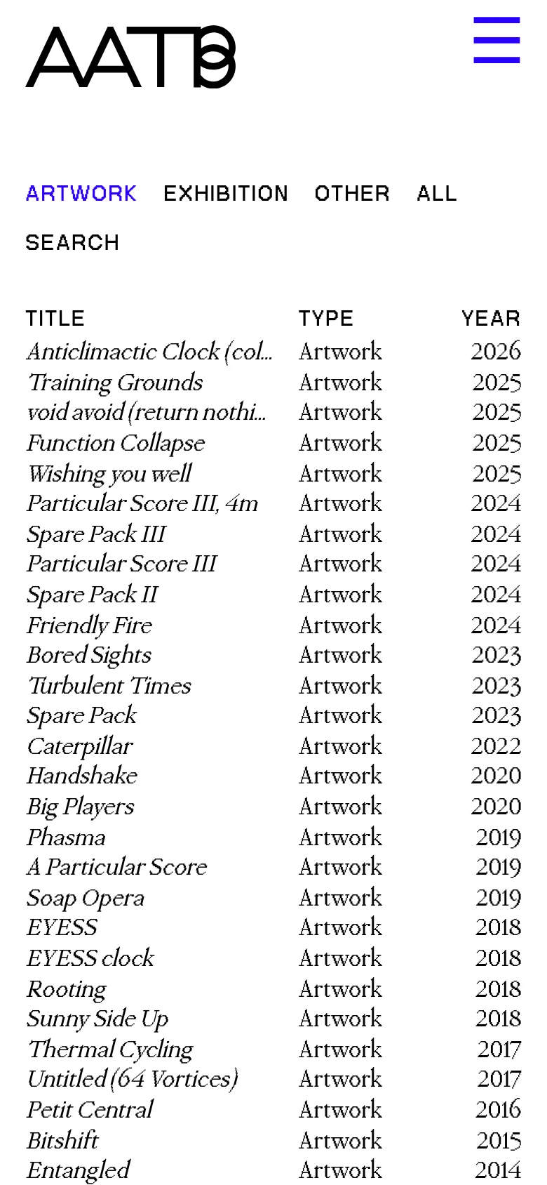 The mobile version presents a simplified vertical layout with a large black AATB logo and a blue hamburger menu icon in the top right. The navigation links and project filters are stacked vertically, followed by a single-column list of project details including title, type, and year, removing the side-by-side grid and thumbnail images seen on desktop.