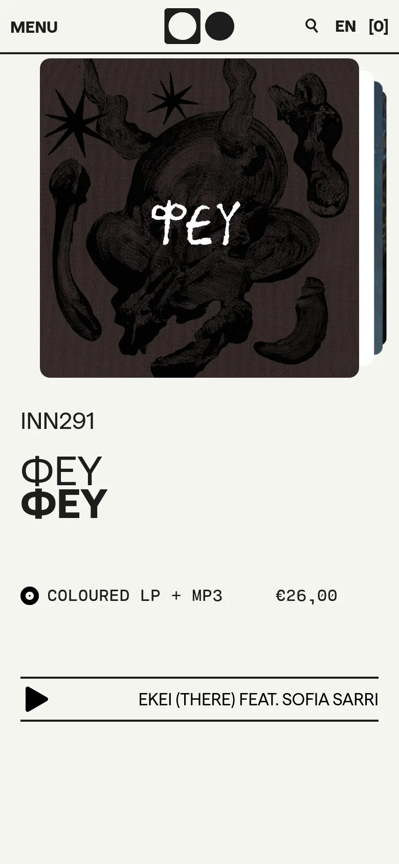 The mobile version simplifies the layout into a single-column vertical scroll. The navigation is condensed into a 'MENU' button, and the album features, such as the 'ΦΕΥ' release, occupy the full width of the screen with large, legible text and prominent play buttons.