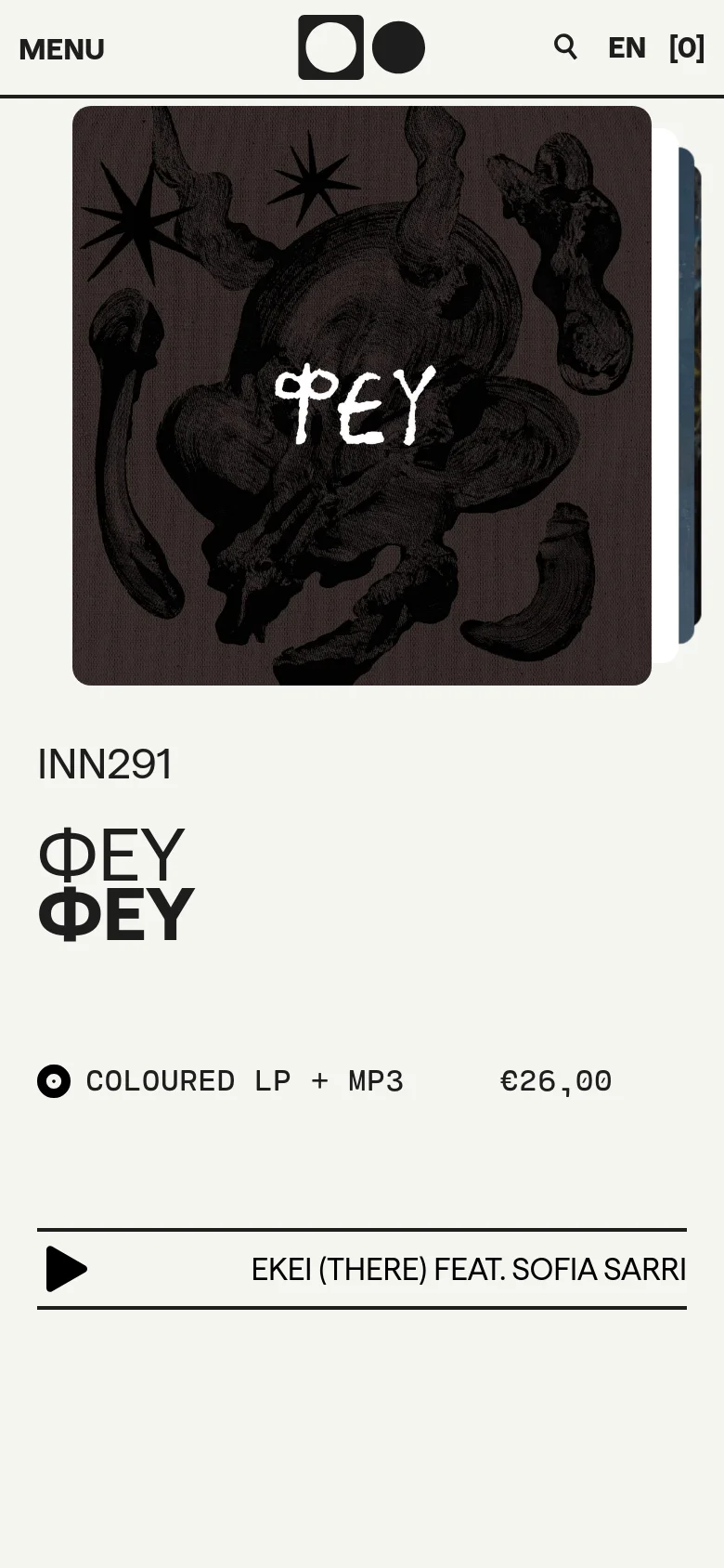 The mobile version simplifies the layout into a single-column vertical scroll. The navigation is condensed into a 'MENU' button, and the album features, such as the 'ΦΕΥ' release, occupy the full width of the screen with large, legible text and prominent play buttons.