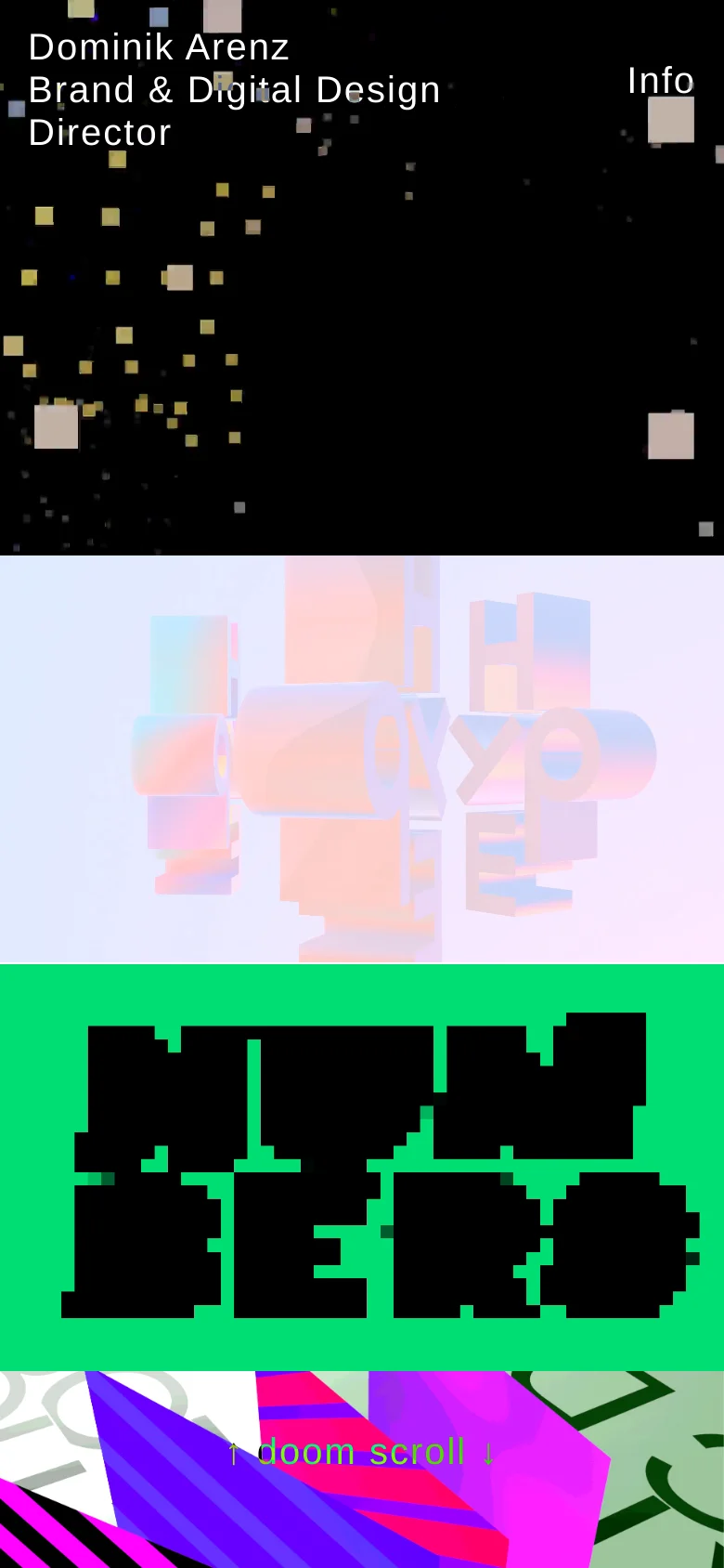 The mobile version presents a vertically stacked layout with large, bold typography and vibrant, abstract graphic sections. The top section shows the name and title against a dark background with scattered light squares, followed by high-contrast colorful blocks in light blue, bright green, and multicolored patterns. The 'doom scroll' instruction is centered within a bright pink and purple section.