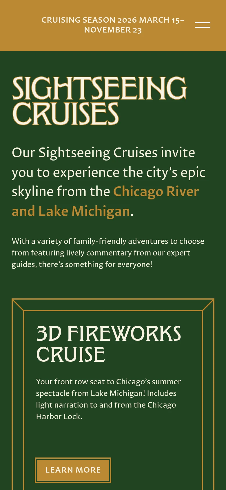 The mobile version uses a vertical layout with a simplified navigation menu represented by a hamburger icon. The 'SIGHTSEEING CRUISES' headline and introductory text are centered at the top, followed by the '3D Fireworks Cruise' feature card which stacks the text and the 'LEARN MORE' button vertically.
