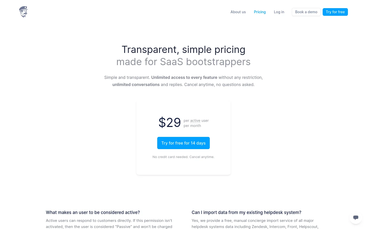 The desktop pricing page features a clean, white layout with a centered hero section. A large headline reads 'Transparent, simple pricing made for SaaS bootstrappers' above a pricing card displaying '$29 per active user per month' and a blue 'Try for free for 14 days' button. The navigation bar at the top includes the company logo, links for About us, Pricing, and Log in, along with 'Book a demo' and 'Try for free' buttons.