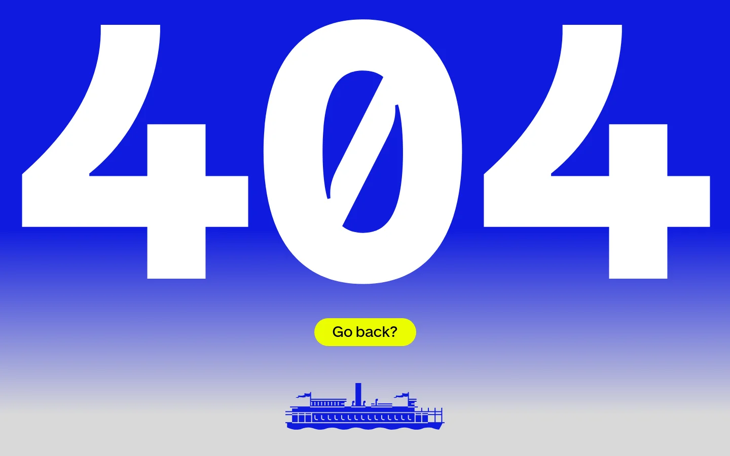 Landor 404 error page featuring massive white 404 typography against a vibrant blue to light grey gradient background. A yellow Go back? button sits centered above a minimalist blue ship illustration at the bottom.