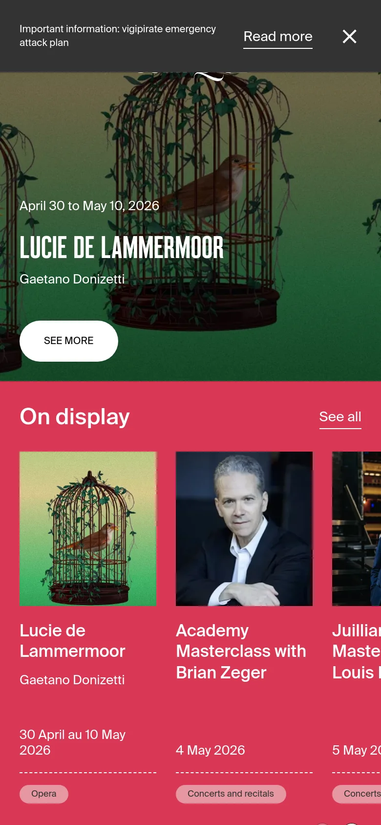 The mobile version presents a vertically stacked layout, starting with a full-width hero image of birds in cages and the 'LUCIE DE LAMMMERMOOR' headline. The 'On display' section follows, with event cards arranged in a single-column scrollable list rather than a grid. The top notification bar remains visible, condensed for the smaller screen.