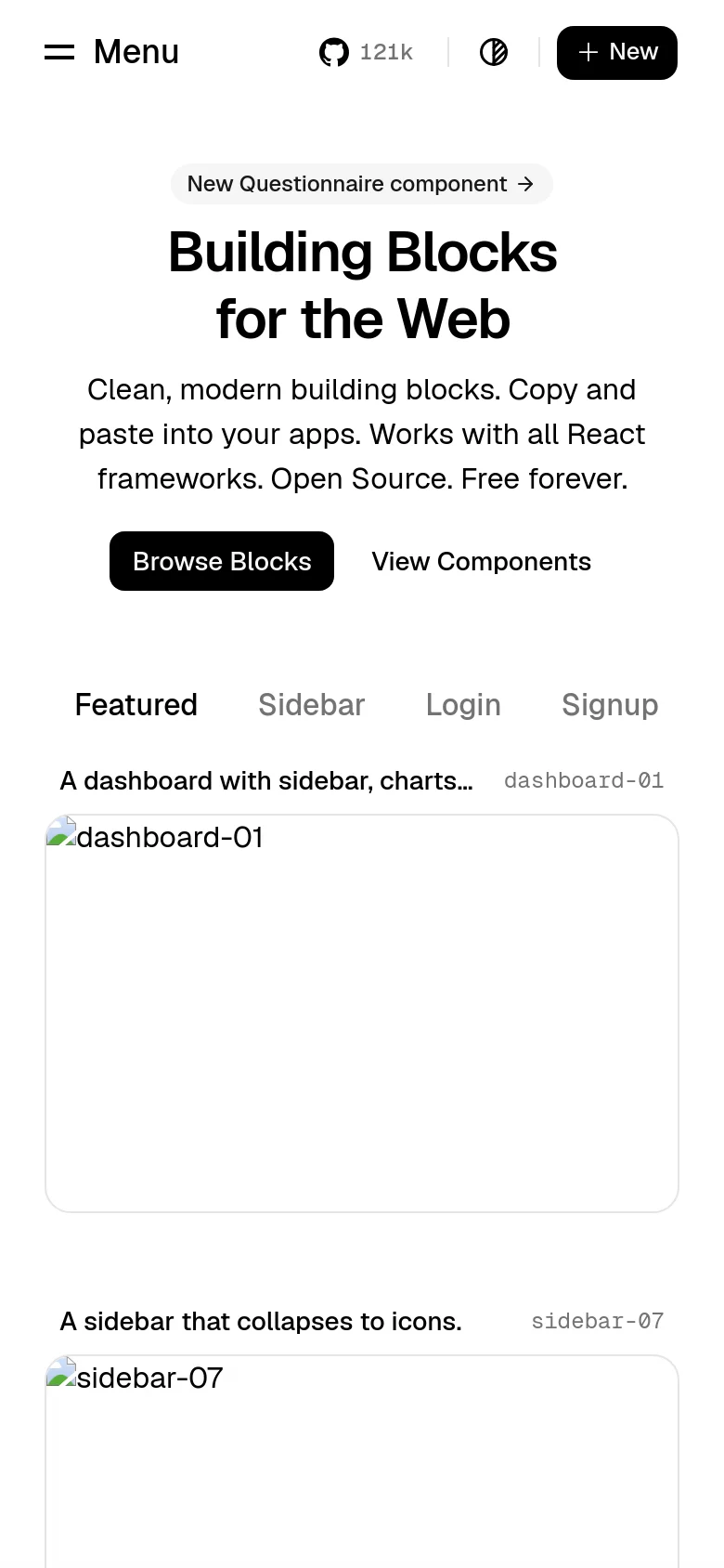 The mobile version uses a stacked vertical layout with a hamburger menu icon in the top left and a '+ New' button in the top right. The hero text is centered and scaled down, and the horizontal sub-navigation menu is presented as a scrollable list of categories above the component preview cards.