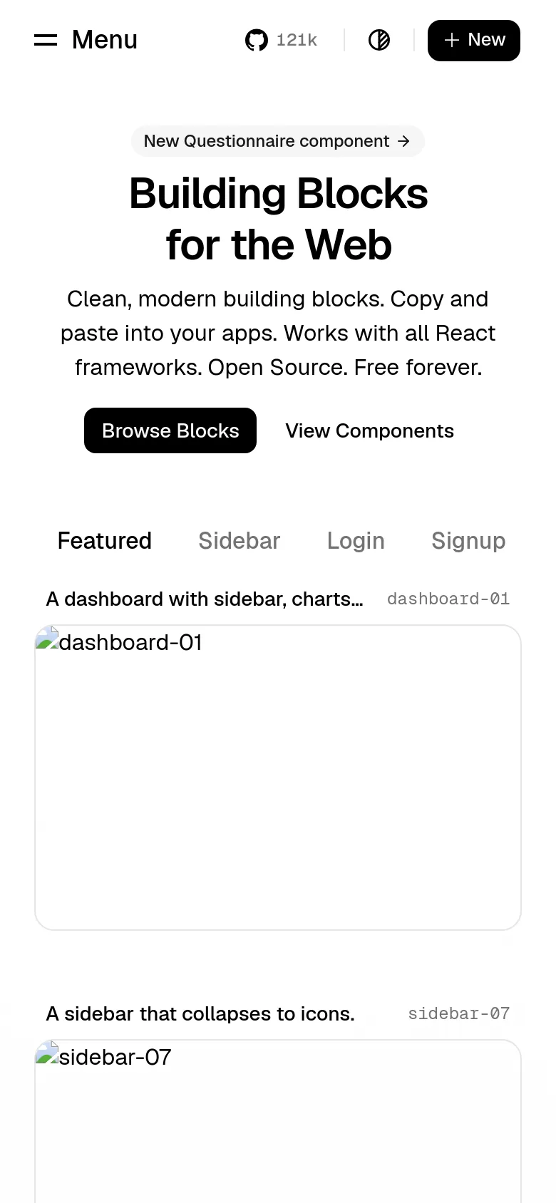 The mobile version uses a stacked vertical layout with a hamburger menu icon in the top left and a '+ New' button in the top right. The hero text is centered and scaled down, and the horizontal sub-navigation menu is presented as a scrollable list of categories above the component preview cards.