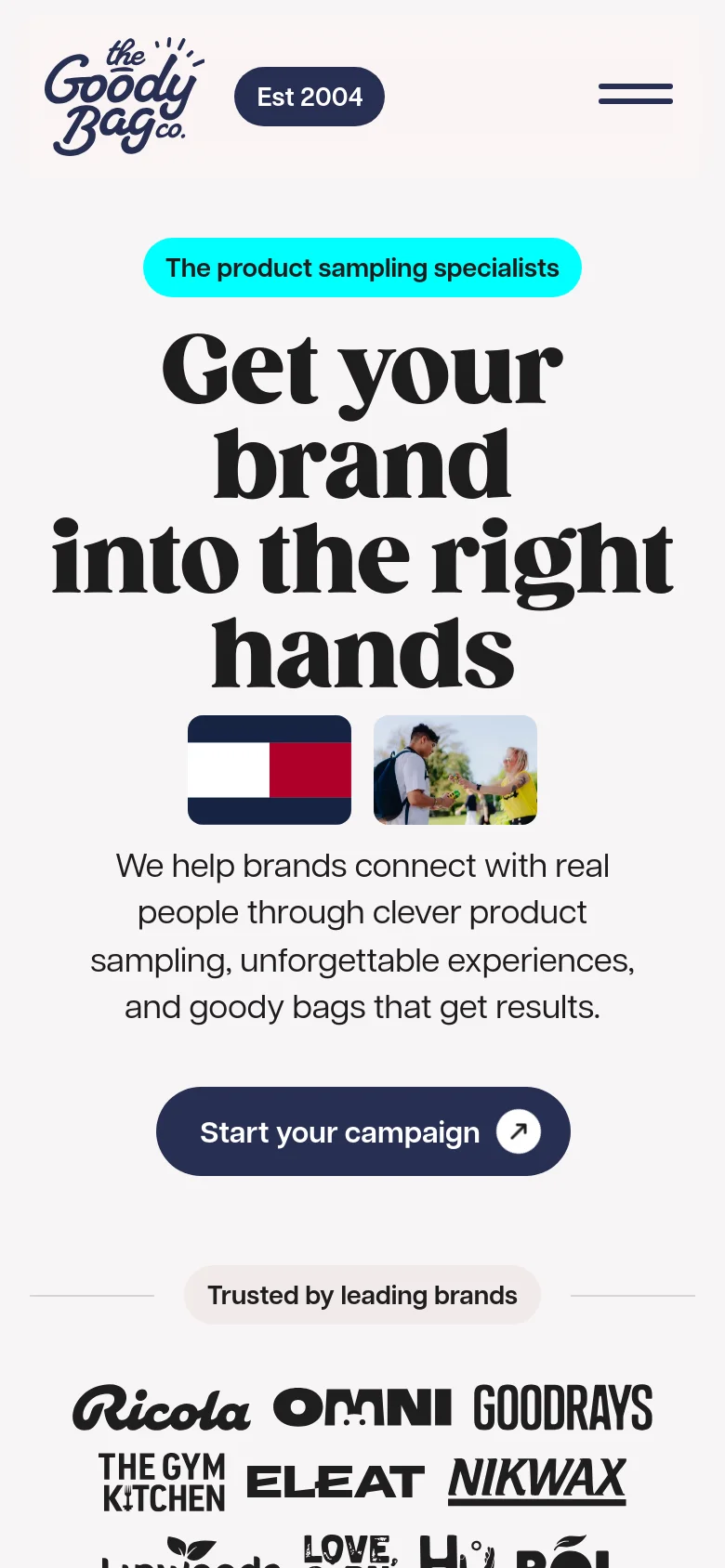 The mobile version presents a vertically stacked layout with the brand logo and a hamburger menu at the top. The large hero headline is centered, followed by a descriptive paragraph and a prominent dark navy 'Start your campaign' call-to-action button. The brand logo grid at the bottom is adjusted to fit the narrower screen width.