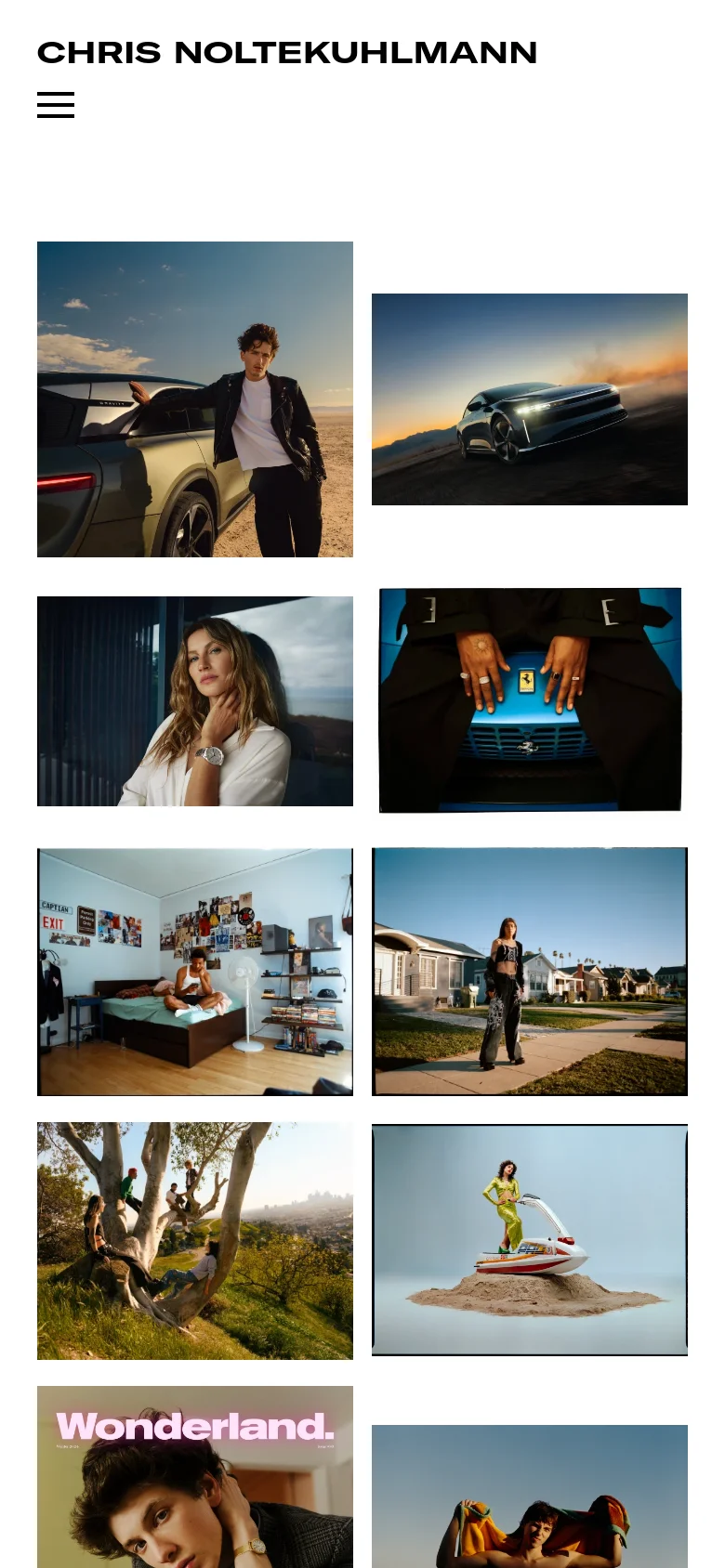 The mobile version simplifies the layout to a single-column vertical scroll of the photography portfolio. The top navigation is condensed into a hamburger menu icon next to the bold black brand name, with all images stacked vertically for easier viewing on a small screen.