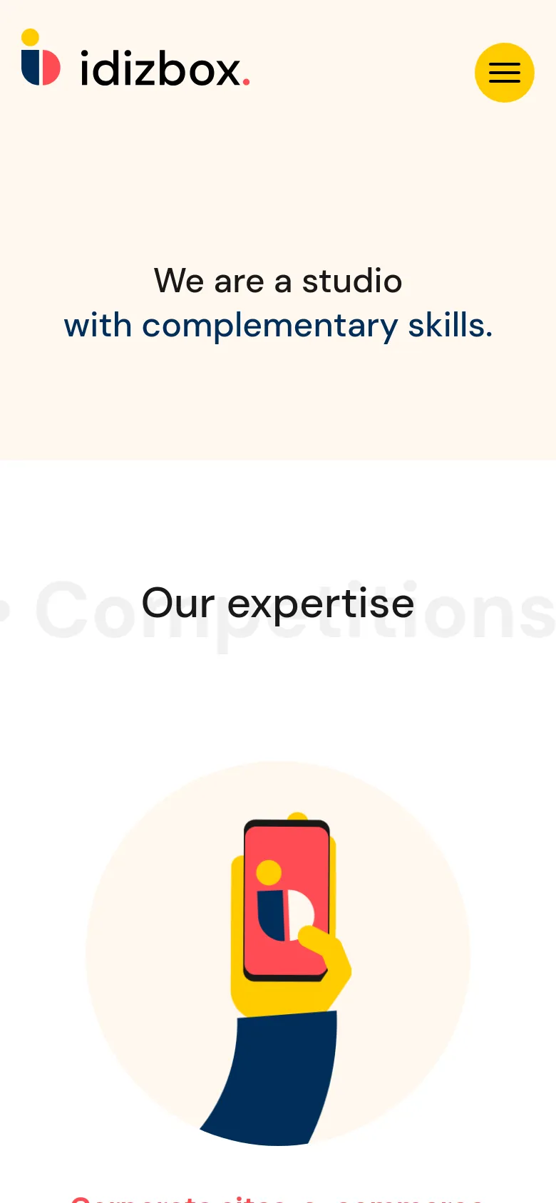 The mobile version uses a simplified layout with a hamburger menu icon in the top right and the idizbox logo on the left. The hero text is centered and stacked, featuring the headline 'We are a studio' followed by 'expert for 12 years' in red text. The expertise section below shows a single, large centered illustration of a hand holding a smartphone.