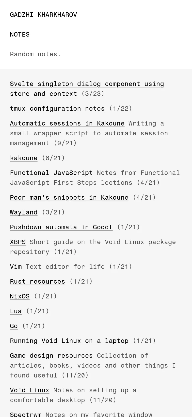 The mobile version maintains the minimalist white and black aesthetic but reflows the content into a single narrow column. The header elements and the long list of text links are stacked vertically to fit the smaller screen width, ensuring readability without horizontal scrolling.
