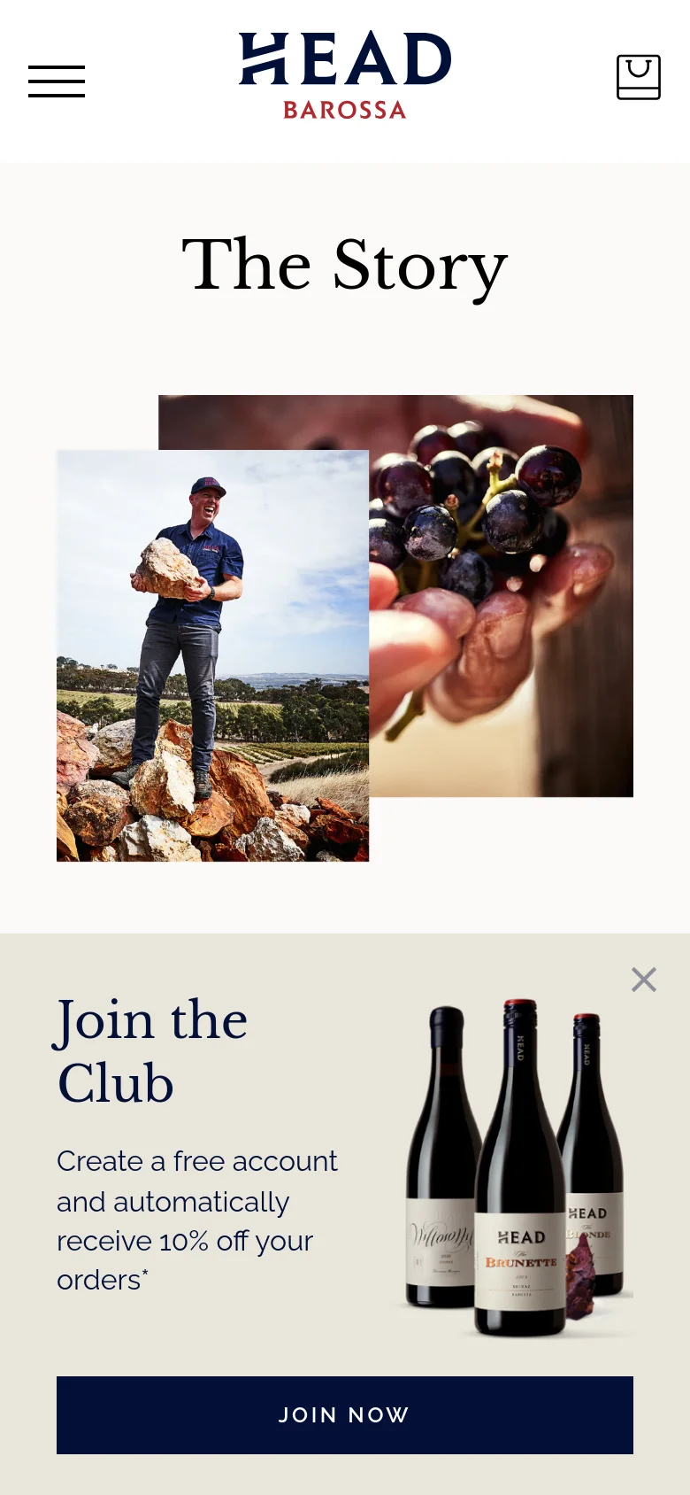 The mobile version simplifies the layout with the 'HEAD BAROSSA' logo centered at the top, flanked by a hamburger menu icon and a shopping bag icon. The 'The Story' headline and vineyard imagery are stacked vertically, followed by a full-width promotional section at the bottom featuring wine bottles and a prominent dark blue 'JOIN NOW' button.