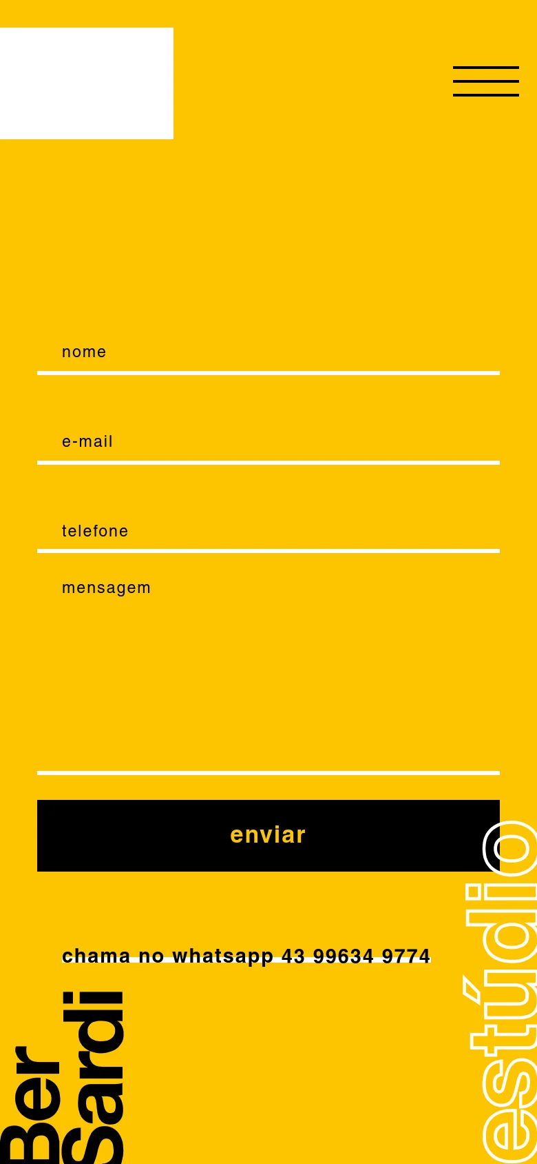 The mobile version maintains the yellow background and minimalist contact form, but the layout is vertically stacked for smaller screens. The large 'Ber Sardi' text is partially visible at the bottom left, and the top navigation is replaced by a black hamburger menu icon. The 'enviar' button is a prominent black rectangular block spanning the width of the form.