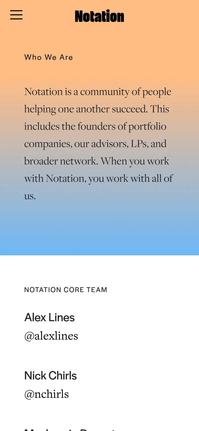 The mobile version uses the same peach-to-blue gradient background but adopts a vertical layout. The navigation menu is condensed into a hamburger icon on the top left, and the text content, including the main headline and the 'Notation Core Team' section, is stacked vertically for easier scrolling.