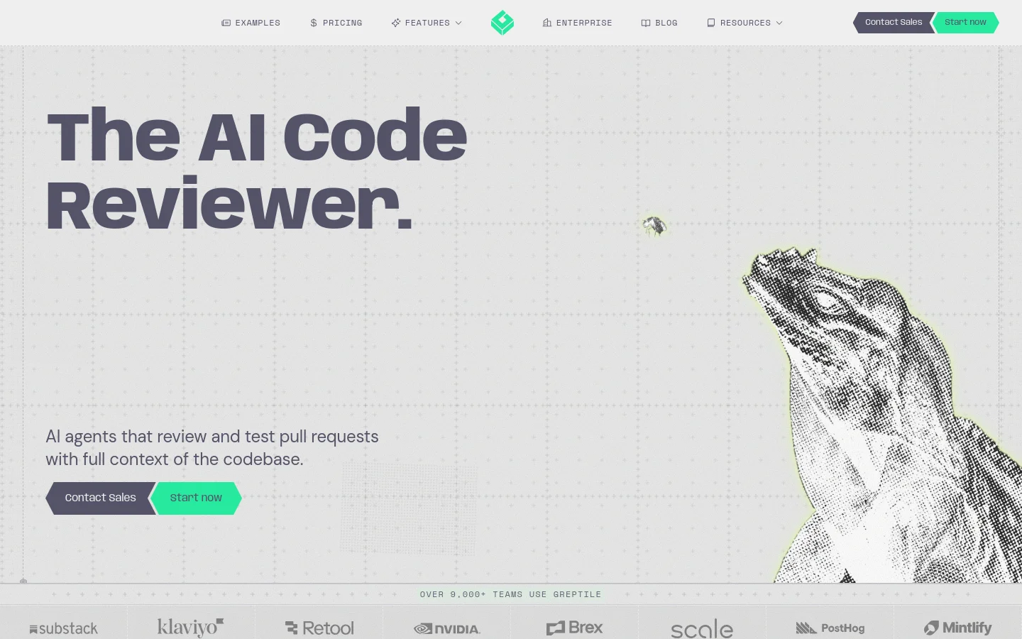 The desktop homepage features a minimalist design with a light grey grid background and a large, stylized halftone image of a lizard on the right. A bold headline reads 'The AI Code Reviewer' next to a subheadline, with two primary call-to-action buttons, 'Contact Sales' and 'Start now', positioned below. A navigation bar at the top includes links for Examples, Pricing, Features, Enterprise, Blog, and Resources, followed by a social proof section showing logos of companies like Substack and Nvidia.