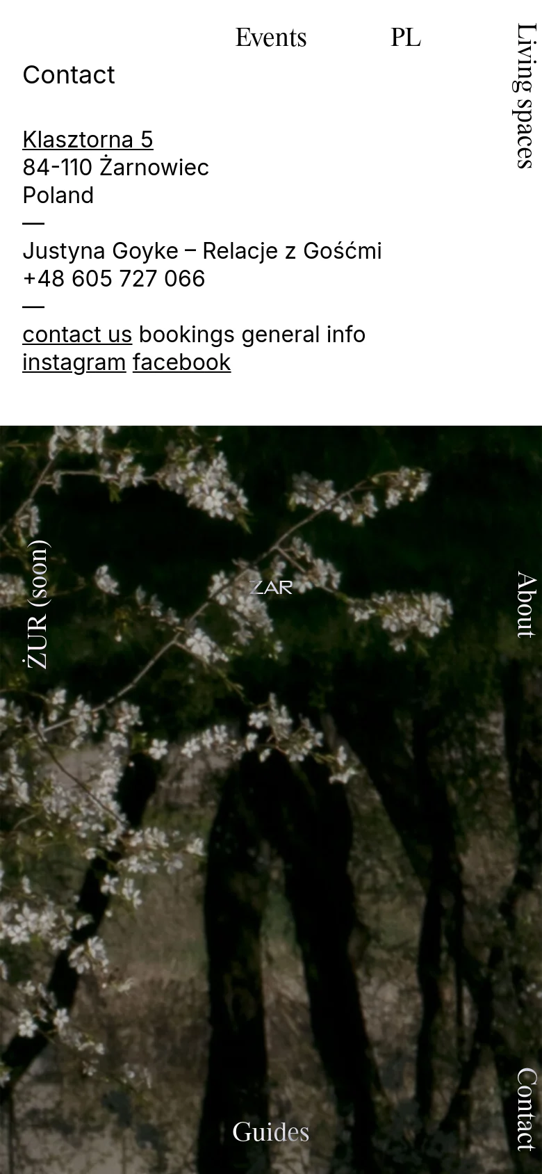 The mobile version maintains the minimalist aesthetic, stacking the contact text and links at the top of the screen. The large floral imagery is positioned below the text content, filling the bottom half of the viewport, with navigation links appearing as vertical text on the sides.