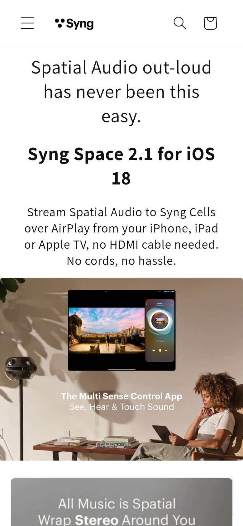 The mobile version features a centered, single-column layout with large, bold typography for the headlines. The hero image is scaled down to fit the narrow screen, showing the iPad and iPhone interface prominently above the text. The top navigation is condensed into a hamburger menu icon on the left, with the Syng logo centered and search and shopping bag icons on the right.