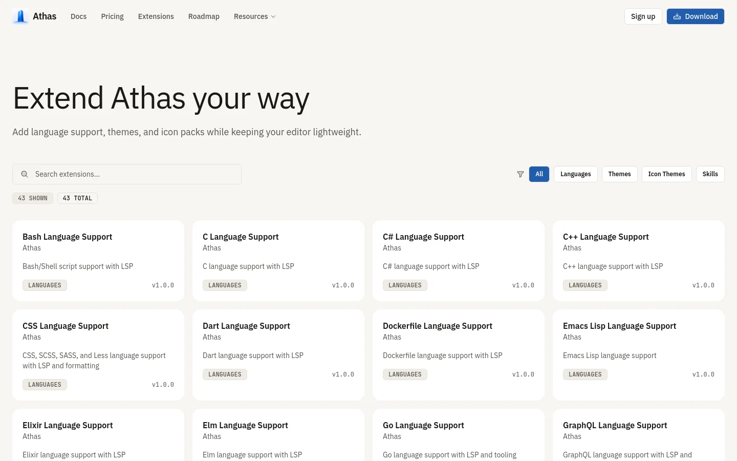 The Extensions page features a clean, minimalist design with a white background and dark text. A large headline reads 'Extend Athas your way' above a search bar and category filter buttons for All, Languages, Themes, Icon Themes, and Skills. Below, a grid of white cards displays various language support extensions, each including a title, description, category tag, and version number.