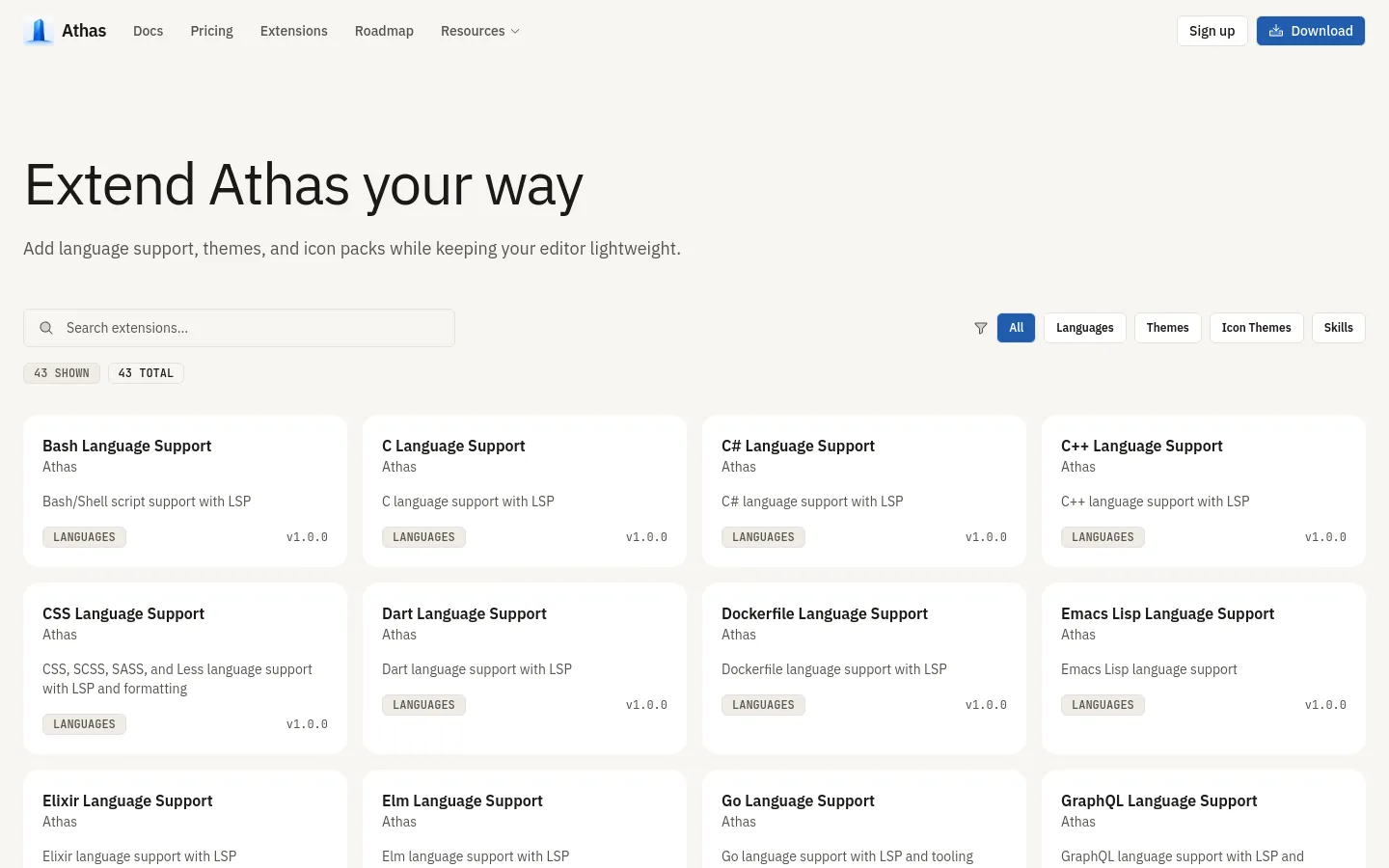 The Extensions page features a clean, minimalist design with a white background and dark text. A large headline reads 'Extend Athas your way' above a search bar and category filter buttons for All, Languages, Themes, Icon Themes, and Skills. Below, a grid of white cards displays various language support extensions, each including a title, description, category tag, and version number.