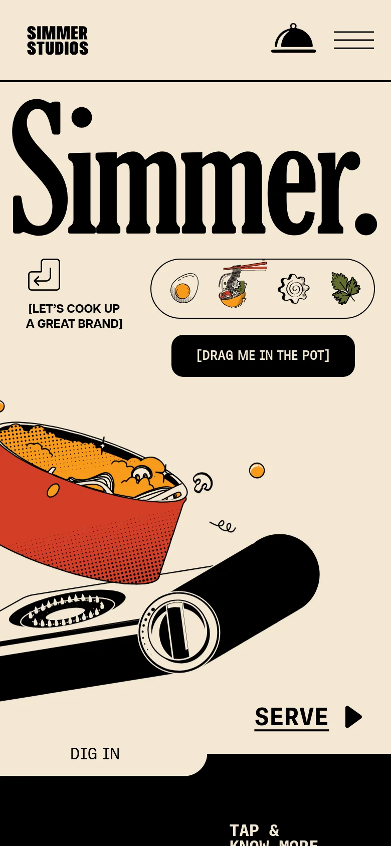 The mobile version presents a simplified, vertically stacked layout on a cream background. The 'Simmer.' headline dominates the top, followed by a central interactive area with food icons and a '[DRAG ME IN THE POT]' button. Navigation is condensed into a hamburger menu and a cloche icon in the top header, with a 'SERVE' call to action at the bottom.