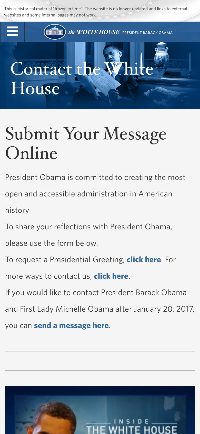 The mobile version simplifies the layout with a hamburger menu icon and a centered White House logo in the header. The hero image is scaled down, maintaining the blue-toned photo of President Obama and the 'Contact the White House' headline. The main content follows a single-column vertical layout with large, readable text and prominent blue hyperlinks.