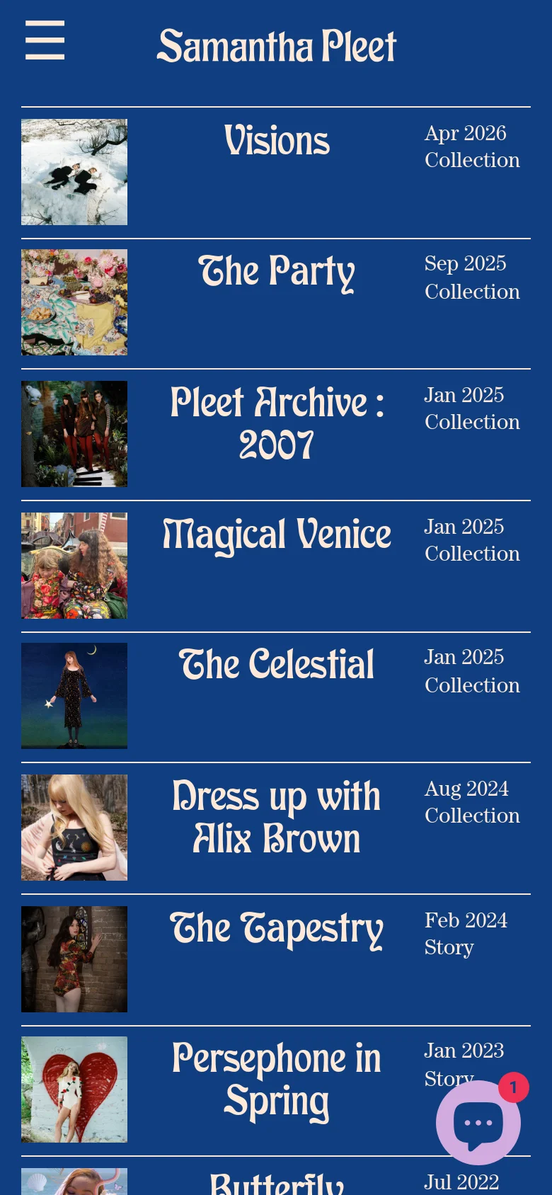 The mobile version maintains the dark blue theme and white serif typography but optimizes the layout for a narrow screen. The journal entries are stacked vertically, with the thumbnail images, titles, and dates arranged in a single column to ensure readability on a handheld device.