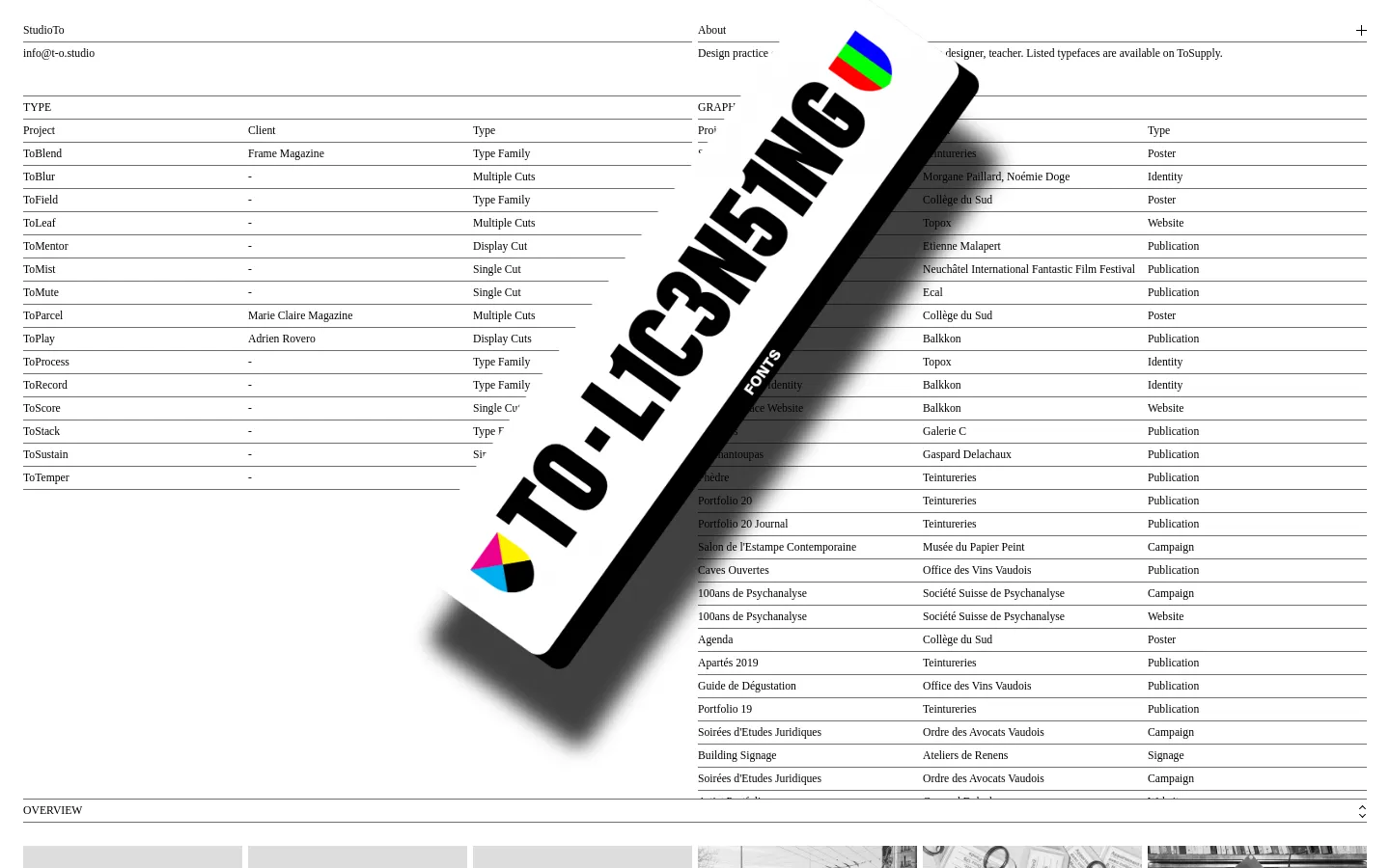The desktop homepage for ToStudio features a minimalist white background with a clean, grid-based layout. It displays two main columns of text-based lists titled 'TYPE' and 'GRAPHIC,' detailing various design projects, clients, and typeface categories. A simple navigation header includes the studio name and contact info, while a footer provides an overview section.