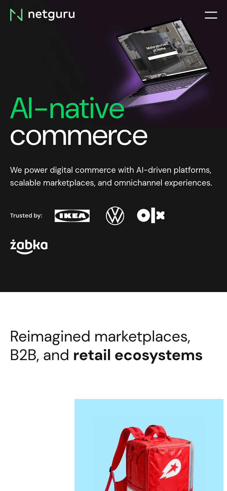 The mobile version presents a vertically stacked layout with the 'AI-native commerce' headline and description centered above the client logos. The hero imagery of the smartphone is scaled down to fit the narrow screen, and the top navigation is replaced by a hamburger menu icon to save space.