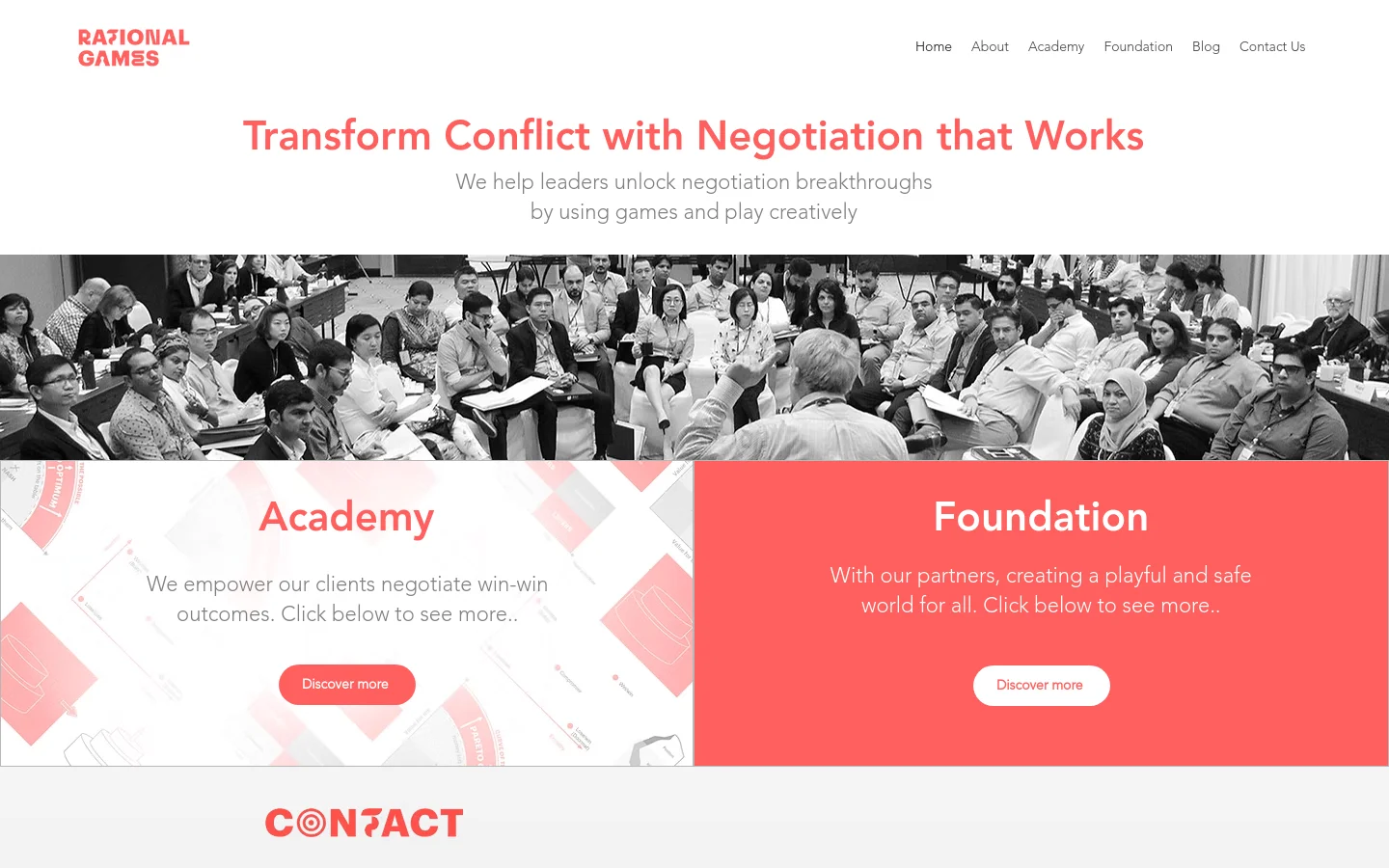 The desktop homepage features a clean white background with a red logo and navigation menu at the top. A large red headline introduces the mission, followed by a wide black-and-white hero image of a diverse group of people in a workshop setting. Below, two large side-by-side sections for 'Academy' and 'Foundation' use red and white color blocking with 'Discover more' call-to-action buttons.