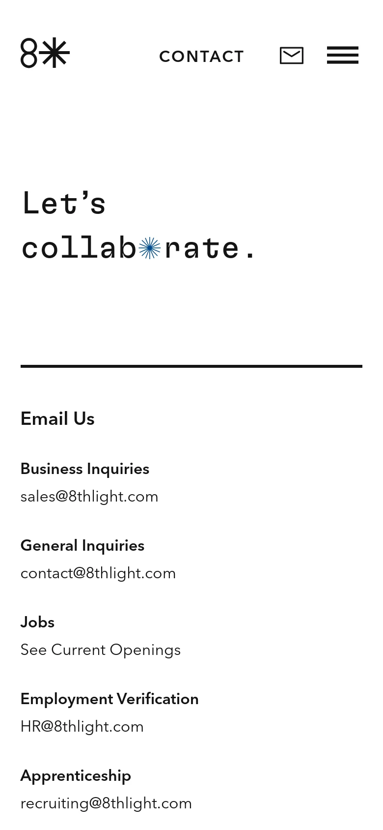 The mobile version maintains the minimalist white aesthetic but shifts to a single-column vertical layout. The 'Let's collab☼rate.' headline is stacked, followed by a horizontal line and a vertical list of contact categories and email addresses. The header is condensed with the logo on the left and the contact link, envelope icon, and menu icon on the right.