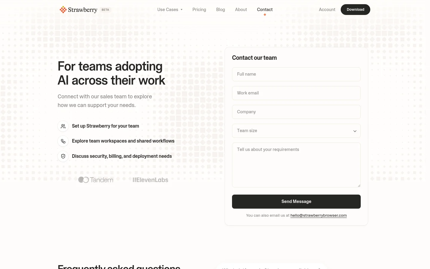 The desktop page features a clean, white background with a light gray dot grid pattern. On the left, a large headline reads 'For teams adopting AI across their work' above a list of services with icons, while the right side contains a white 'Contact our team' card with form fields for name, email, company, team size, and requirements, ending with a black 'Send Message' button.