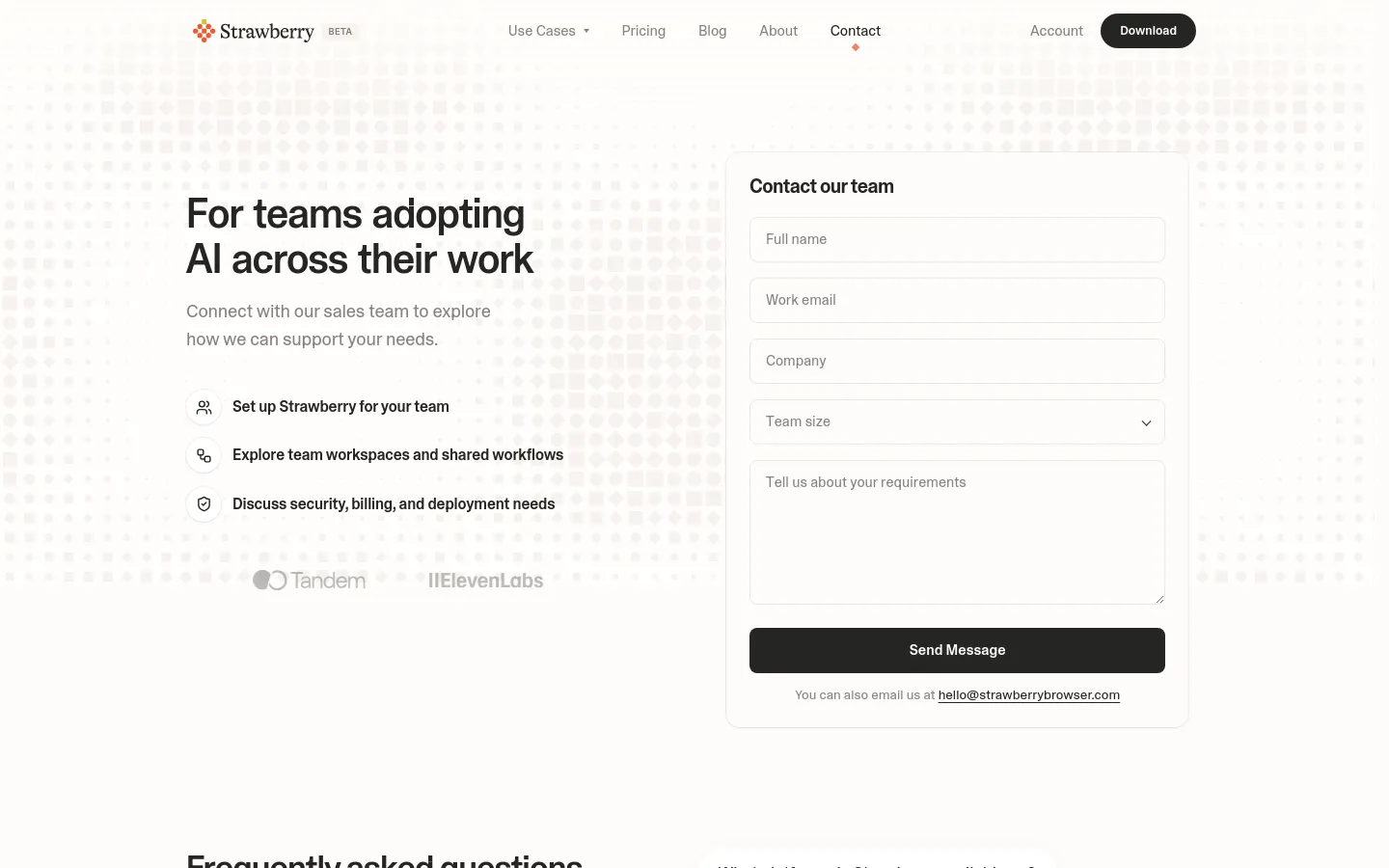 The desktop page features a clean, white background with a light gray dot grid pattern. On the left, a large headline reads 'For teams adopting AI across their work' above a list of services with icons, while the right side contains a white 'Contact our team' card with form fields for name, email, company, team size, and requirements, ending with a black 'Send Message' button.