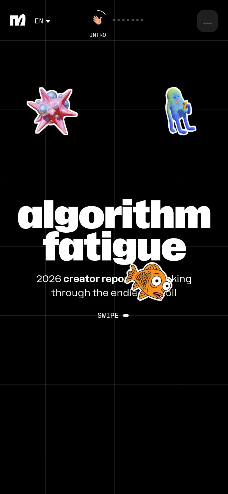 The mobile version presents a vertically stacked layout on a dark grid background, focusing on the large 'algorithm fatigue' headline. The 3D illustrations are rearranged to fit the narrow screen, and the top navigation is condensed into a hamburger menu icon. A 'SWIPE' call to action with a progress bar is visible at the bottom center.