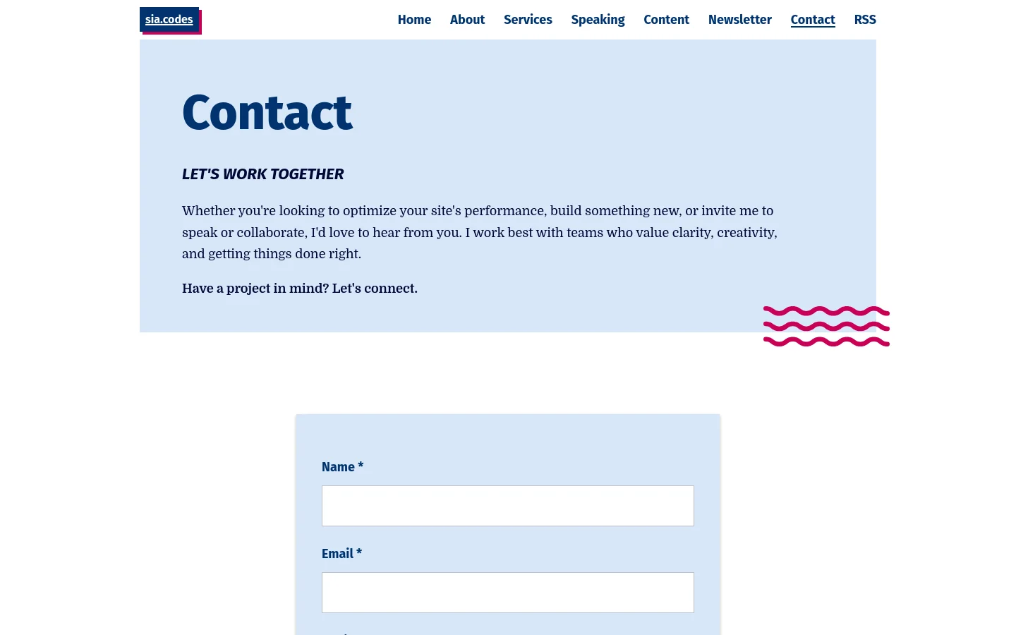 The desktop contact page features a light blue hero section with the large headline 'Contact' and a subheadline 'LET'S WORK TOGETHER' followed by introductory text. A decorative red wavy pattern sits in the bottom right of the hero area, and a light blue contact form with 'Name' and 'Email' fields is positioned below. The top navigation bar is white with dark blue text links.