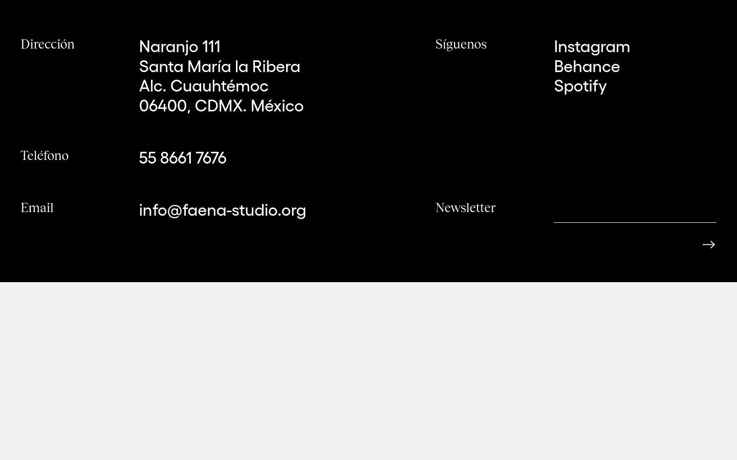 The desktop page for TUKA features a minimalist design with a white background and black text. It displays project details like typology and location, followed by a large hero image and a vertical gallery of colorful brand identity and packaging mockups. The footer is black with white text, organized into columns for contact information, social links, and a newsletter signup.