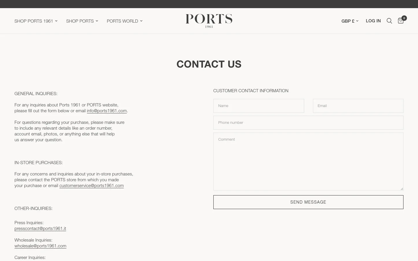 The desktop Contact page features a minimalist white layout with the PORTS 1961 logo centered at the top. On the left, text columns provide contact information for general, in-store, and other inquiries, while the right side contains a 'Customer Contact Information' form with fields for name, email, phone, and comment, ending with a 'Send Message' button.