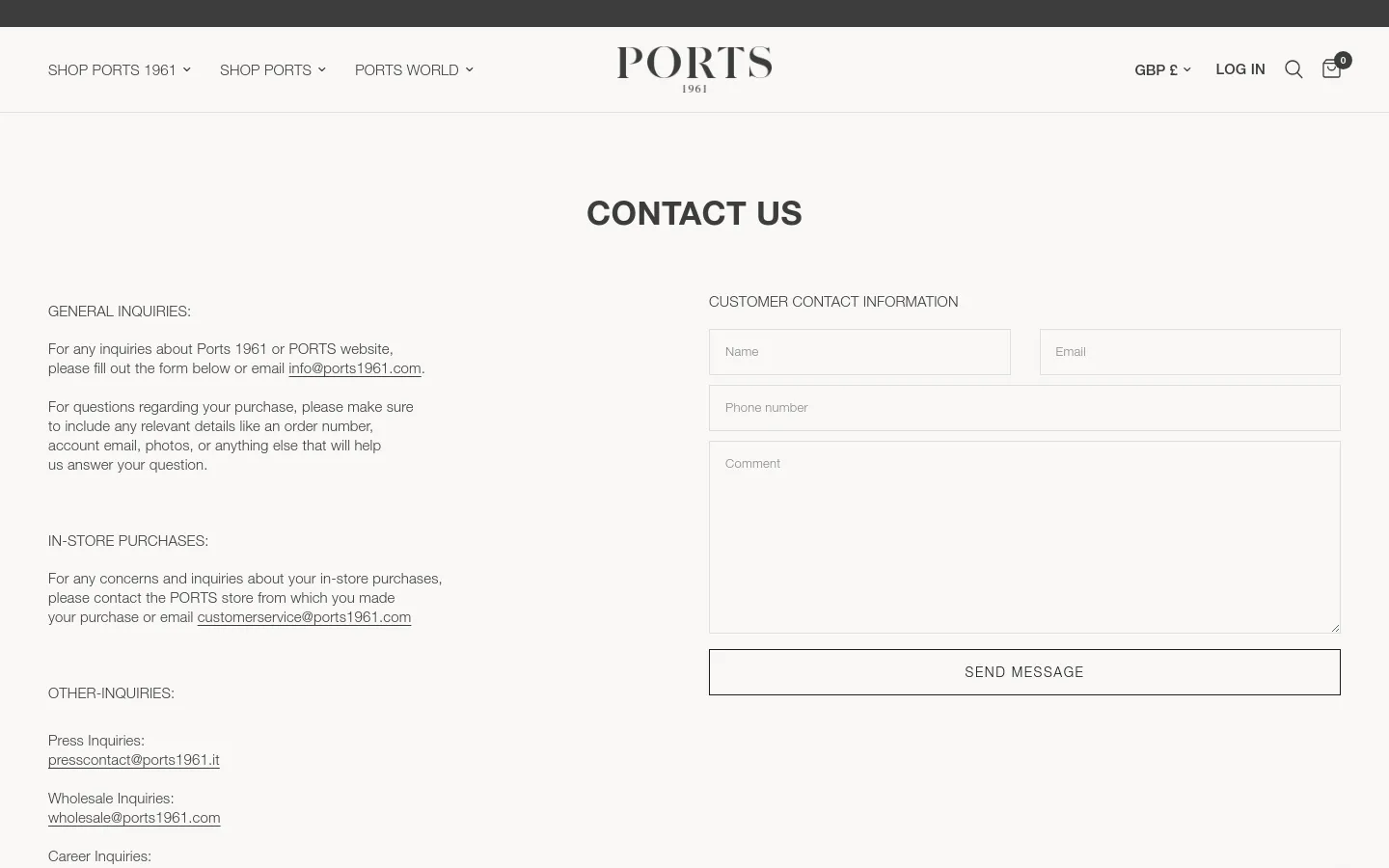 The desktop Contact page features a minimalist white layout with the PORTS 1961 logo centered at the top. On the left, text columns provide contact information for general, in-store, and other inquiries, while the right side contains a 'Customer Contact Information' form with fields for name, email, phone, and comment, ending with a 'Send Message' button.