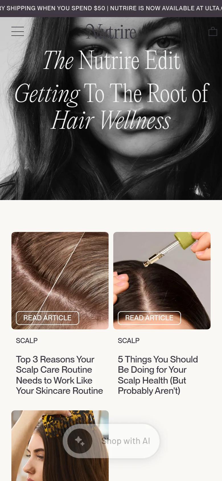 The mobile version presents a vertically stacked layout starting with a full-width black and white hero image containing the centered headline 'The Nutrire Edit.' Below the hero, blog posts are displayed as large, single-column cards featuring a full-width image, category, title, and a 'READ ARTICLE' button. A floating 'Shop with AI' button is visible at the bottom of the screen.