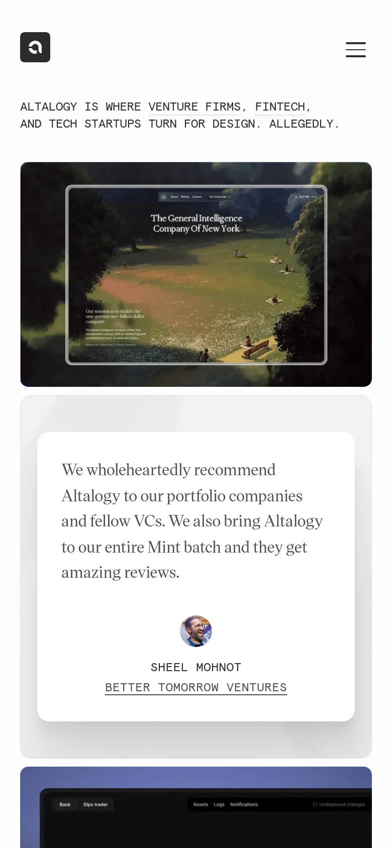 The mobile version simplifies the layout into a single column, replacing the top navigation with a hamburger menu icon. The hero text is centered, and the portfolio case studies and testimonial cards are stacked vertically for easy scrolling.