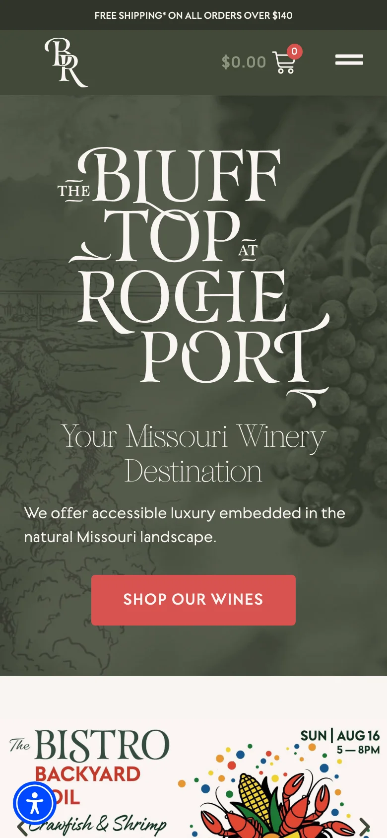 The mobile version displays a simplified layout with a hamburger menu icon and a shopping cart icon at the top. The hero section features the same large stylized typography and 'Shop Our Wines' button over a vineyard background, but the text is stacked vertically to fit the narrower screen.