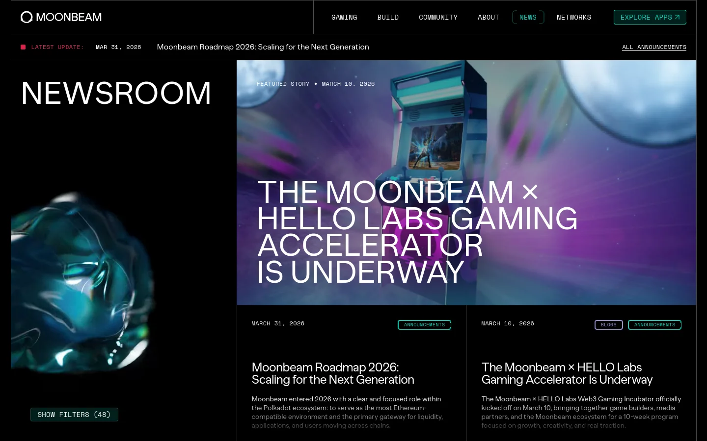 The Moonbeam Newsroom desktop page features a dark theme with a large hero image showcasing a cosmic, futuristic landscape and the headline 'THE MOONBEAM x HELLO LABS GAMING ACCELERATOR IS UNDERWAY'. Below the hero section, news articles are arranged in a grid layout with titles, dates, and category tags like 'Announcements' or 'Blogs'. The navigation bar at the top includes links for Gaming, Build, Community, About, News, and Networks, alongside an 'Explore Apps' button.