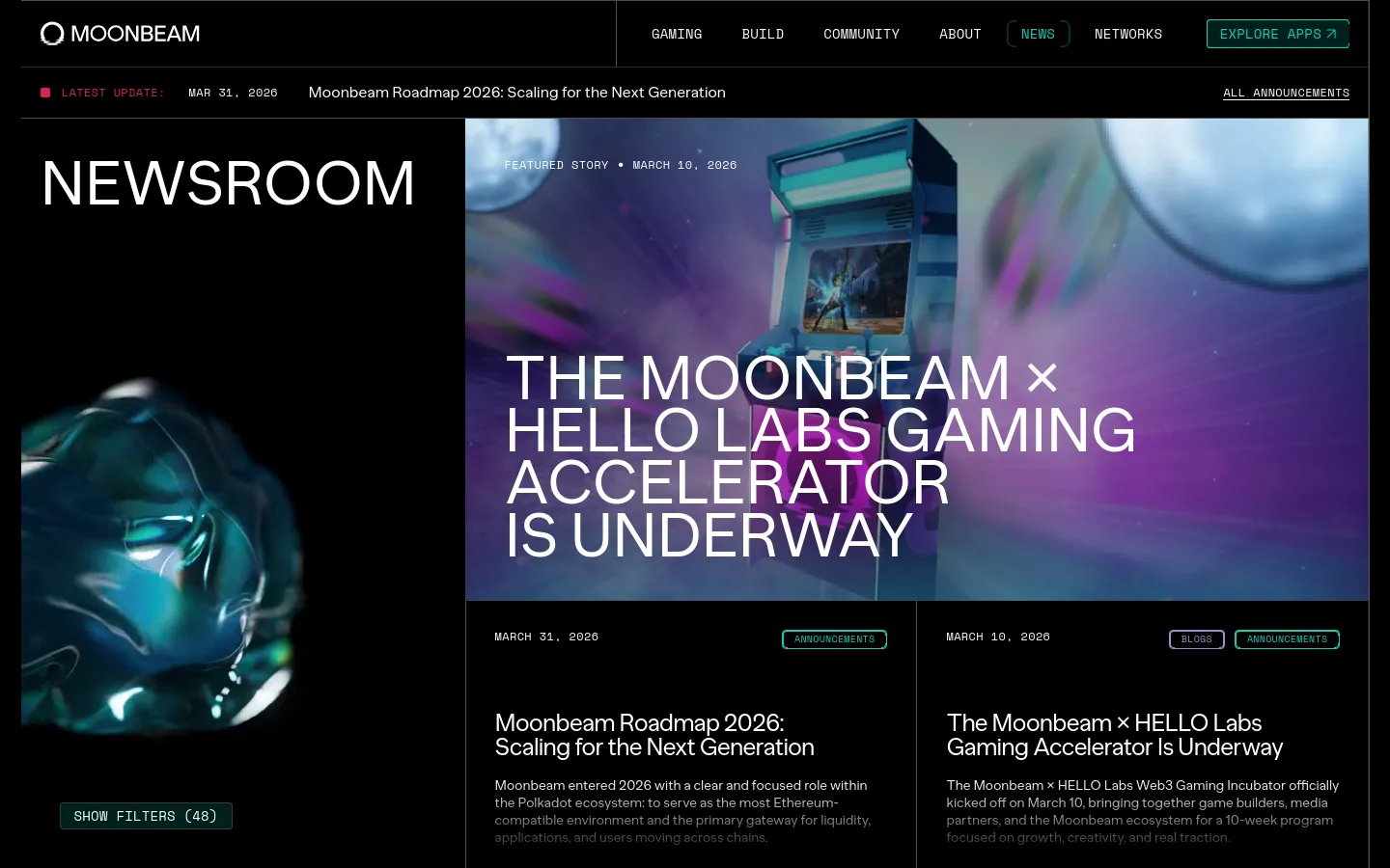 The Moonbeam Newsroom desktop page features a dark theme with a large hero image showcasing a cosmic, futuristic landscape and the headline 'THE MOONBEAM x HELLO LABS GAMING ACCELERATOR IS UNDERWAY'. Below the hero section, news articles are arranged in a grid layout with titles, dates, and category tags like 'Announcements' or 'Blogs'. The navigation bar at the top includes links for Gaming, Build, Community, About, News, and Networks, alongside an 'Explore Apps' button.