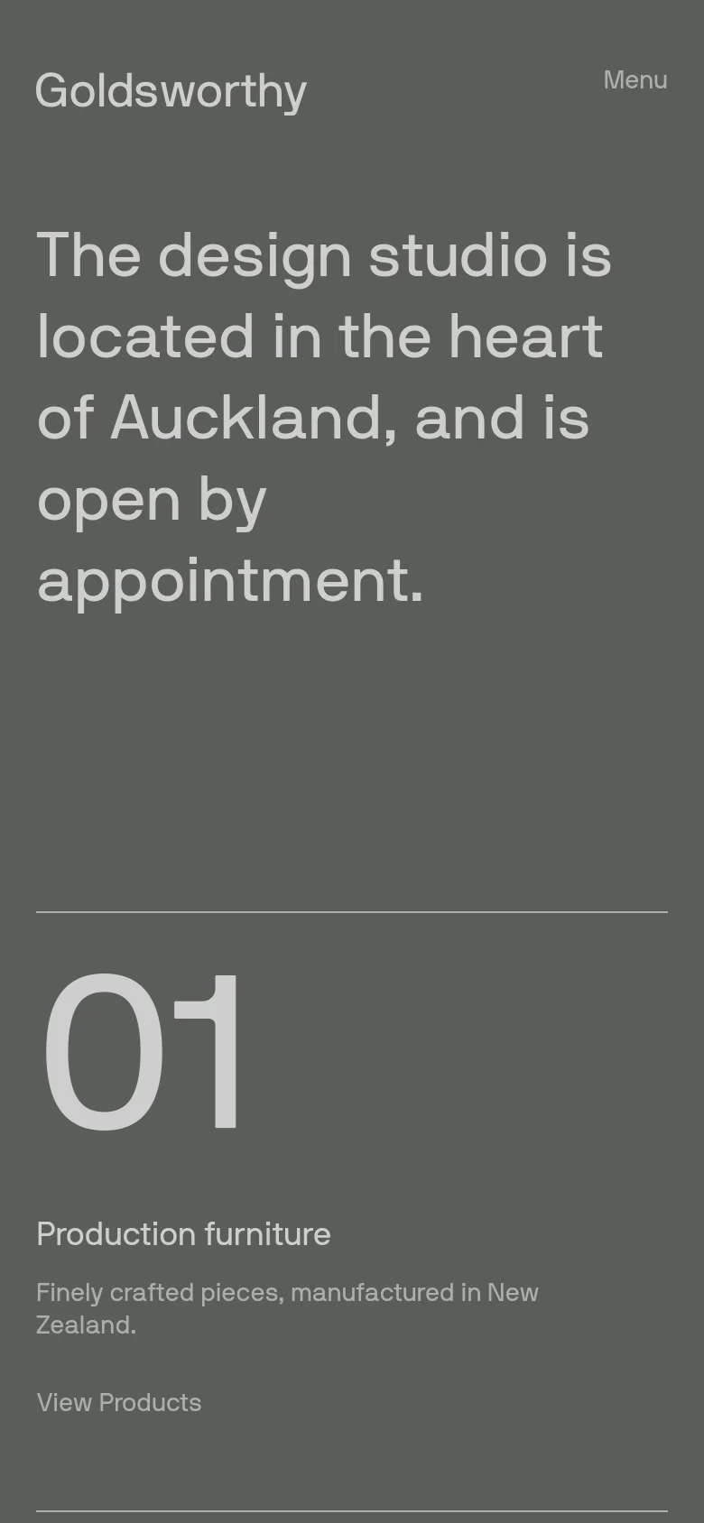 The mobile version maintains the dark grey and white color scheme but uses a vertical single-column layout. The large hero text is prominent at the top, and the numbered service sections are stacked vertically rather than side-by-side to fit the narrow screen.