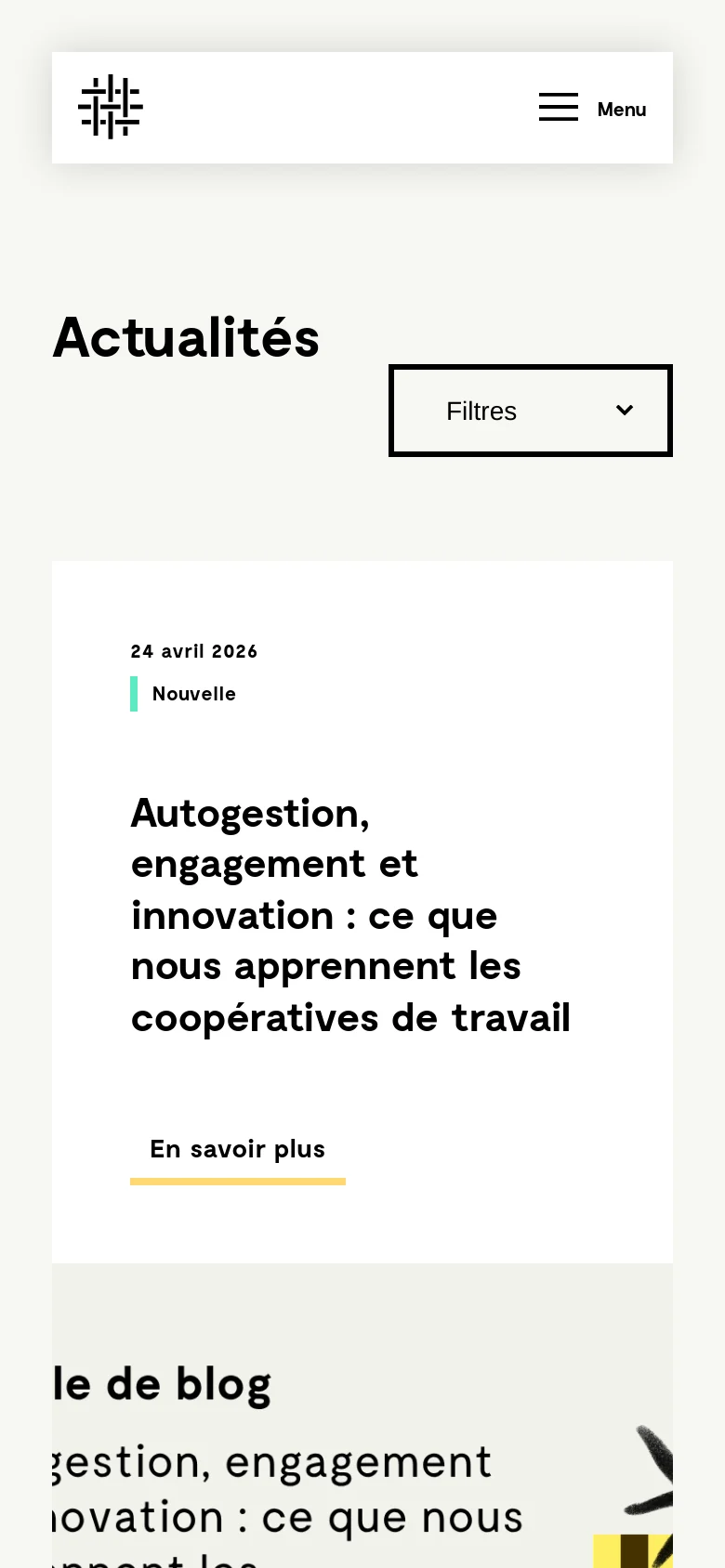 The mobile version simplifies the layout into a single vertical column. The header contains a logo and a hamburger menu icon labeled 'Menu'. The 'Actualités' title and 'Filtres' dropdown remain prominent, followed by news cards that stack vertically, focusing on the article headline, date, and 'En savoir plus' link.