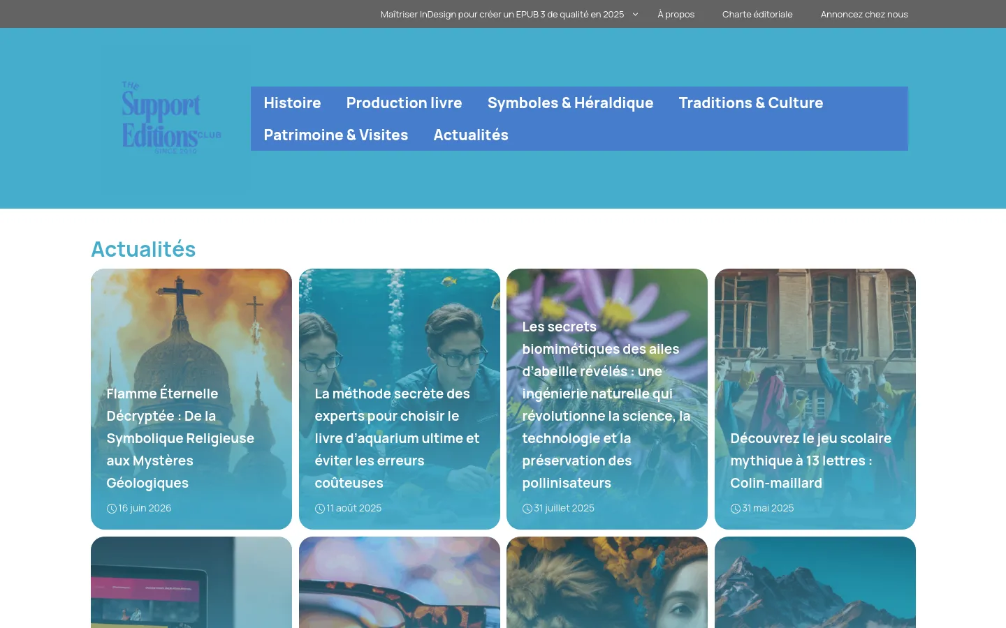 The Actualités news page features a blue and teal header with a navigation menu including Histoire and Production livre. Below, a grid of large, vertical rectangular cards displays news articles, each with a background image, a title overlay, and a publication date. The layout is clean with a white background for the content area.