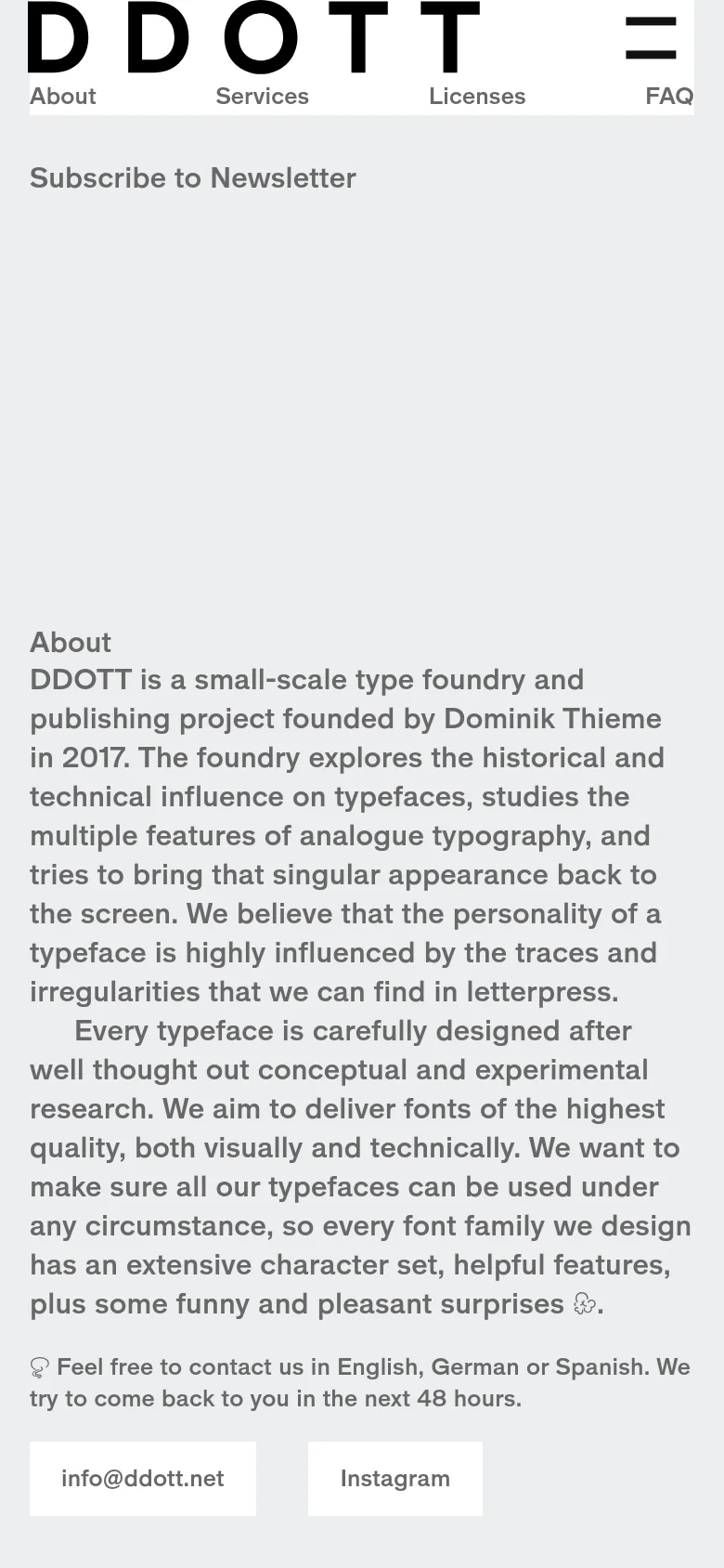 The mobile version maintains the minimalist black-on-white aesthetic but uses a condensed layout. The navigation is simplified into a grid-like header with the logo and four main links (About, Services, Licenses, FAQ) stacked above the content. The main text sections and buttons for email and Instagram are vertically stacked for easier scrolling on a narrow screen.