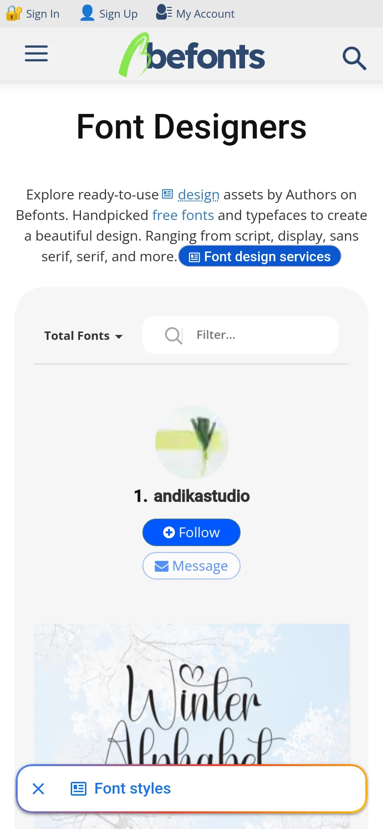 The mobile version presents a simplified vertical layout with a hamburger menu and search icon in the header. The 'Font Designers' headline is prominent, followed by a single-column view of the designer profile and a large, full-width preview image of the 'Winter Alphabet' font.