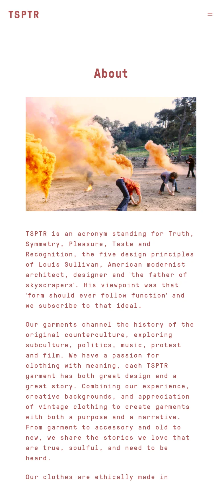 The mobile version simplifies the layout, centering the 'About' headline and the large hero image of orange smoke in a landscape. The top navigation is condensed into a hamburger menu icon on the right, while the brand name 'TSPTR' remains on the left. The text content follows below the image in a single-column format.