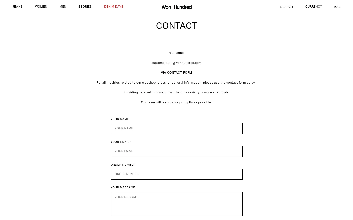 The desktop Contact page features a minimalist design with a white background and black text. A large 'CONTACT' heading is centered at the top, followed by email information and a contact form section with input fields for Name, Email, Order Number, and Message. The navigation menu is at the top with links for Jeans, Women, Men, Stories, and Denim Days, alongside the brand logo and search/bag options.
