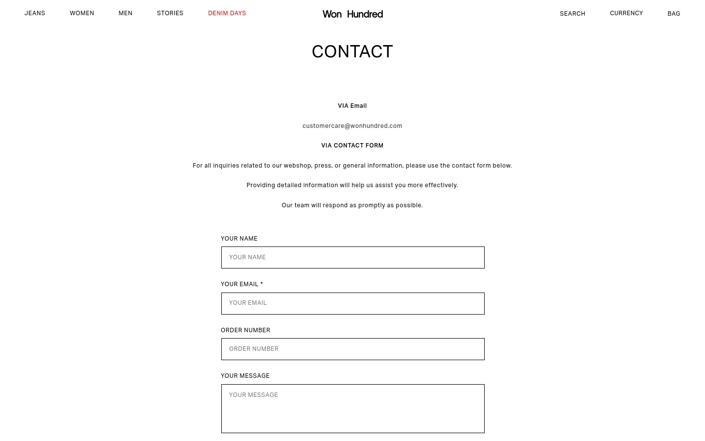 The desktop Contact page features a minimalist design with a white background and black text. A large 'CONTACT' heading is centered at the top, followed by email information and a contact form section with input fields for Name, Email, Order Number, and Message. The navigation menu is at the top with links for Jeans, Women, Men, Stories, and Denim Days, alongside the brand logo and search/bag options.
